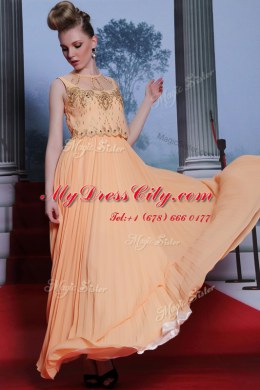 Deluxe Sleeveless Floor Length Beading and Appliques Side Zipper Prom Dress with Orange