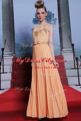 Deluxe Sleeveless Floor Length Beading and Appliques Side Zipper Prom Dress with Orange