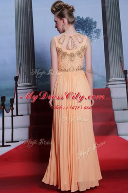 Deluxe Sleeveless Floor Length Beading and Appliques Side Zipper Prom Dress with Orange