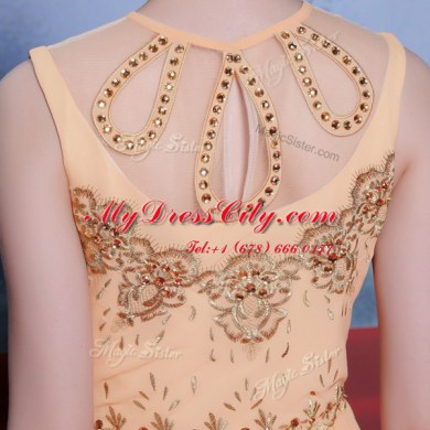 Deluxe Sleeveless Floor Length Beading and Appliques Side Zipper Prom Dress with Orange