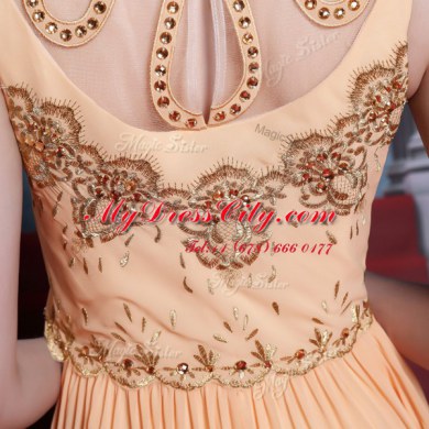 Deluxe Sleeveless Floor Length Beading and Appliques Side Zipper Prom Dress with Orange