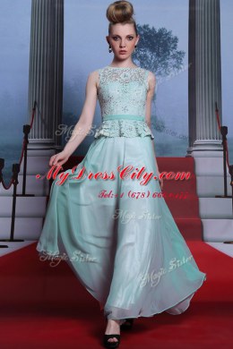 Scoop Sleeveless Prom Party Dress Floor Length Lace and Belt Light Blue Chiffon