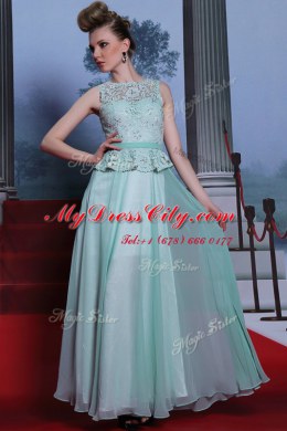 Scoop Sleeveless Prom Party Dress Floor Length Lace and Belt Light Blue Chiffon