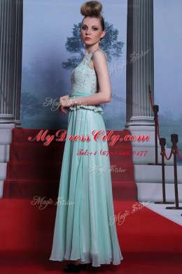 Scoop Sleeveless Prom Party Dress Floor Length Lace and Belt Light Blue Chiffon