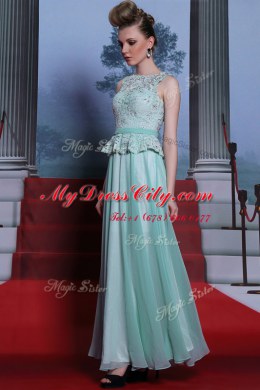 Scoop Sleeveless Prom Party Dress Floor Length Lace and Belt Light Blue Chiffon
