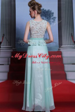 Scoop Sleeveless Prom Party Dress Floor Length Lace and Belt Light Blue Chiffon