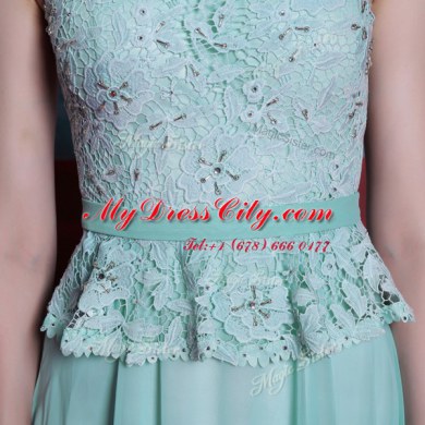 Scoop Sleeveless Prom Party Dress Floor Length Lace and Belt Light Blue Chiffon