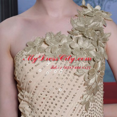 One Shoulder Appliques and Ruching Homecoming Dress Champagne Side Zipper Sleeveless Floor Length