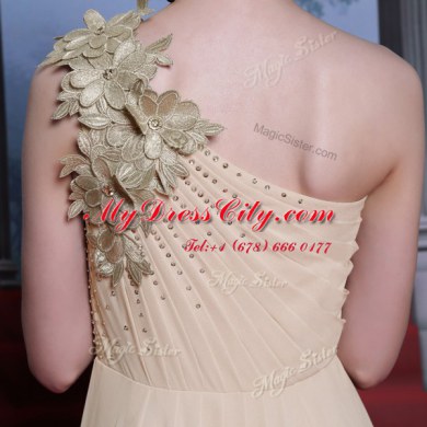 One Shoulder Appliques and Ruching Homecoming Dress Champagne Side Zipper Sleeveless Floor Length