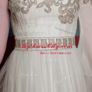 Exquisite Champagne One Shoulder Side Zipper Beading and Appliques Prom Gown 3 4 Length Sleeve
