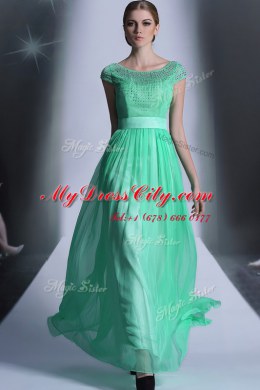 Floor Length Turquoise Evening Dress Scoop Cap Sleeves Side Zipper