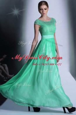Floor Length Turquoise Evening Dress Scoop Cap Sleeves Side Zipper