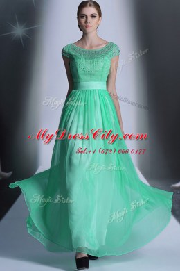 Floor Length Turquoise Evening Dress Scoop Cap Sleeves Side Zipper