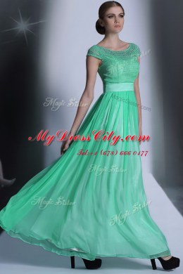 Floor Length Turquoise Evening Dress Scoop Cap Sleeves Side Zipper