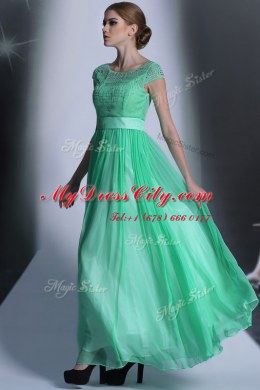 Floor Length Turquoise Evening Dress Scoop Cap Sleeves Side Zipper