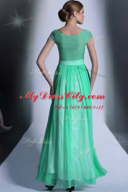 Floor Length Turquoise Evening Dress Scoop Cap Sleeves Side Zipper