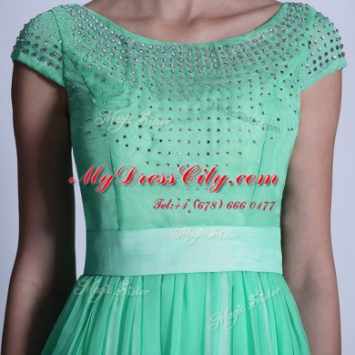 Floor Length Turquoise Evening Dress Scoop Cap Sleeves Side Zipper