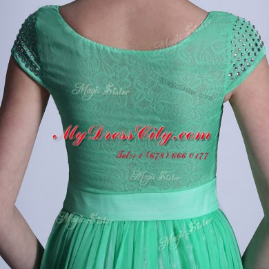 Floor Length Turquoise Evening Dress Scoop Cap Sleeves Side Zipper