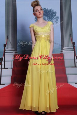 Scalloped Floor Length Side Zipper Prom Dress Yellow for Prom and Party with Beading and Appliques and Pleated