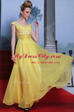 Scalloped Floor Length Side Zipper Prom Dress Yellow for Prom and Party with Beading and Appliques and Pleated