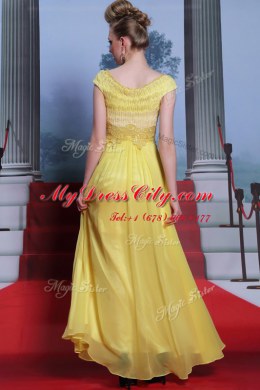 Scalloped Floor Length Side Zipper Prom Dress Yellow for Prom and Party with Beading and Appliques and Pleated