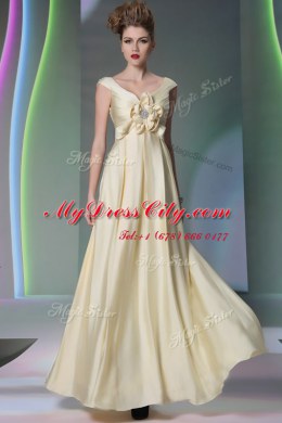 Scoop Light Yellow Cap Sleeves Beading and Ruching and Hand Made Flower Floor Length Prom Dresses