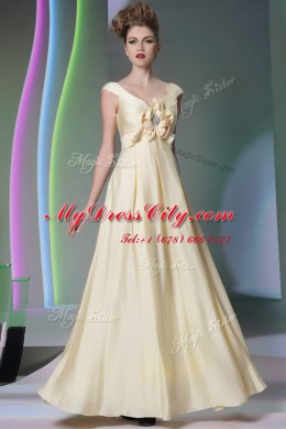 Scoop Light Yellow Cap Sleeves Beading and Ruching and Hand Made Flower Floor Length Prom Dresses