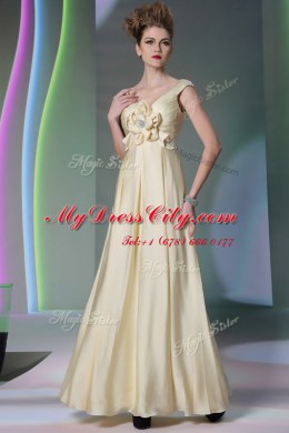 Scoop Light Yellow Cap Sleeves Beading and Ruching and Hand Made Flower Floor Length Prom Dresses