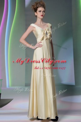 Scoop Light Yellow Cap Sleeves Beading and Ruching and Hand Made Flower Floor Length Prom Dresses