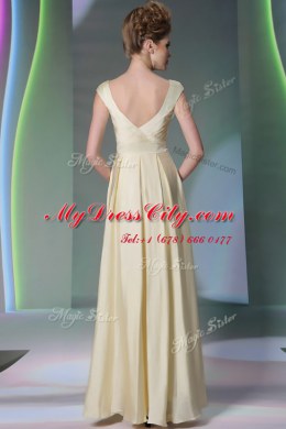Scoop Light Yellow Cap Sleeves Beading and Ruching and Hand Made Flower Floor Length Prom Dresses