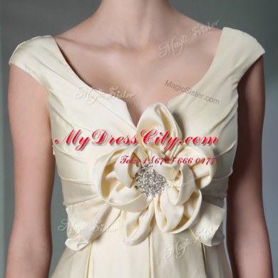 Scoop Light Yellow Cap Sleeves Beading and Ruching and Hand Made Flower Floor Length Prom Dresses