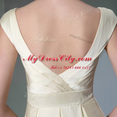 Scoop Light Yellow Cap Sleeves Beading and Ruching and Hand Made Flower Floor Length Prom Dresses