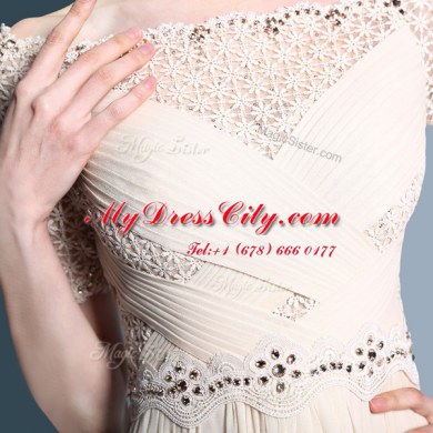 Beading and Appliques and Ruching Dress for Prom Champagne Zipper Sleeveless Floor Length