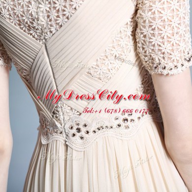Beading and Appliques and Ruching Dress for Prom Champagne Zipper Sleeveless Floor Length