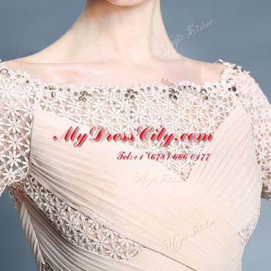 Beading and Appliques and Ruching Dress for Prom Champagne Zipper Sleeveless Floor Length