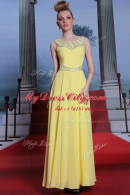 Scoop Sleeveless Floor Length Lace Side Zipper Prom Dress with Yellow