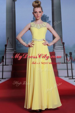 Scoop Sleeveless Floor Length Lace Side Zipper Prom Dress with Yellow