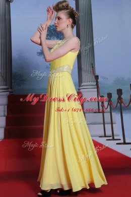 Scoop Sleeveless Floor Length Lace Side Zipper Prom Dress with Yellow