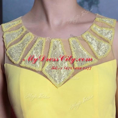 Scoop Sleeveless Floor Length Lace Side Zipper Prom Dress with Yellow