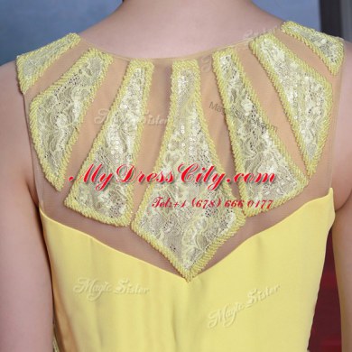 Scoop Sleeveless Floor Length Lace Side Zipper Prom Dress with Yellow