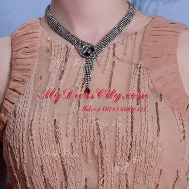 Peach Scoop Clasp Handle Beading and Sequins and Ruching Dress for Prom Sleeveless
