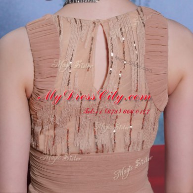 Peach Scoop Clasp Handle Beading and Sequins and Ruching Dress for Prom Sleeveless
