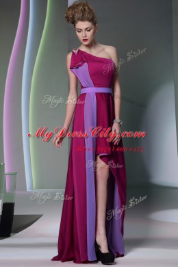 One Shoulder Burgundy Sleeveless High Low Beading and Sashes ribbons Side Zipper Prom Evening Gown