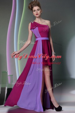 One Shoulder Burgundy Sleeveless High Low Beading and Sashes ribbons Side Zipper Prom Evening Gown
