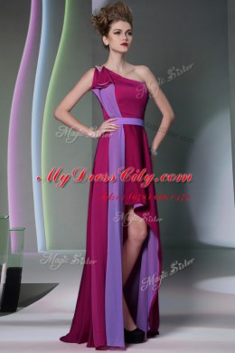 One Shoulder Burgundy Sleeveless High Low Beading and Sashes ribbons Side Zipper Prom Evening Gown