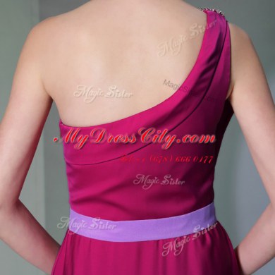 One Shoulder Burgundy Sleeveless High Low Beading and Sashes ribbons Side Zipper Prom Evening Gown