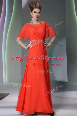 Exquisite Scoop Short Sleeves Chiffon Prom Dresses Appliques Side Zipper