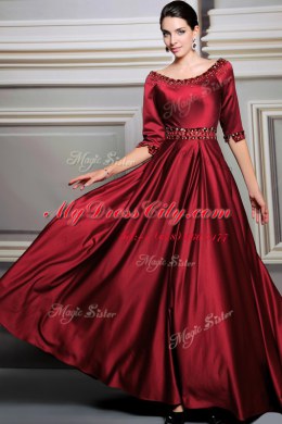 Designer Red A-line Satin Bateau Half Sleeves Beading and Belt Zipper Prom Dress Brush Train