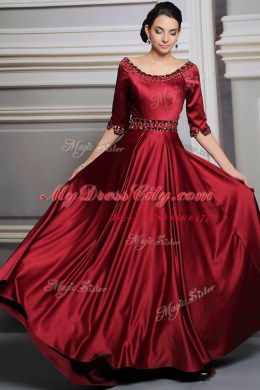 Designer Red A-line Satin Bateau Half Sleeves Beading and Belt Zipper Prom Dress Brush Train