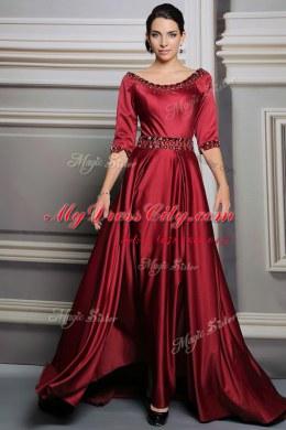 Designer Red A-line Satin Bateau Half Sleeves Beading and Belt Zipper Prom Dress Brush Train